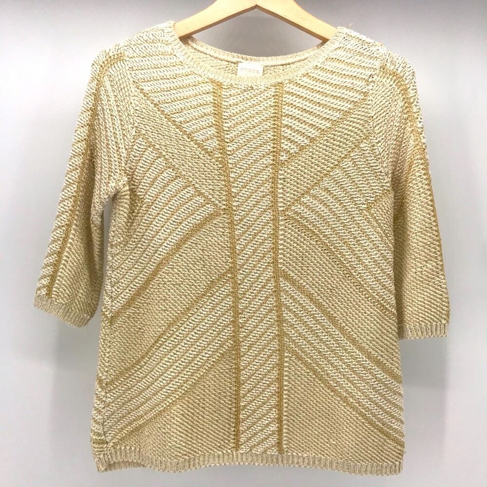 Chicos Sweater Womens Small Ivory Gold 3/4 Sleeve